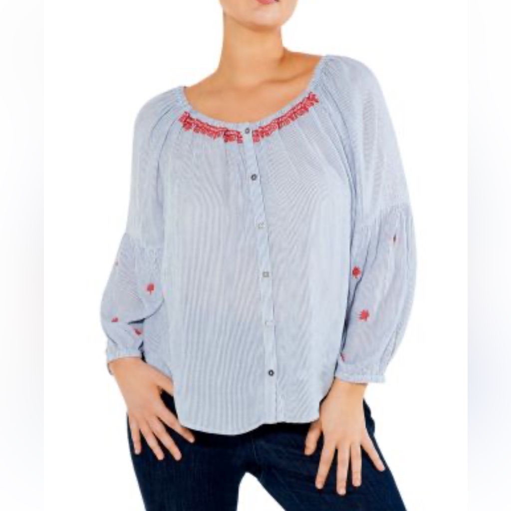 Nic + Zoe Embroidered Striped Peasant Top